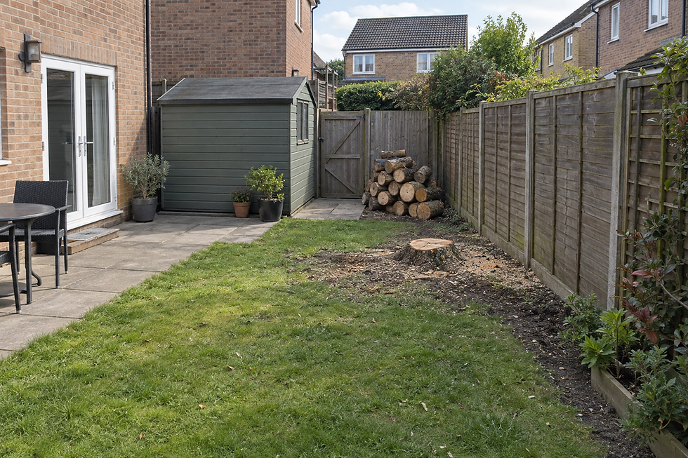 Back garden with a green shed, patio seating, stacked logs, and a tree stump surrounded by grass and fencing.
