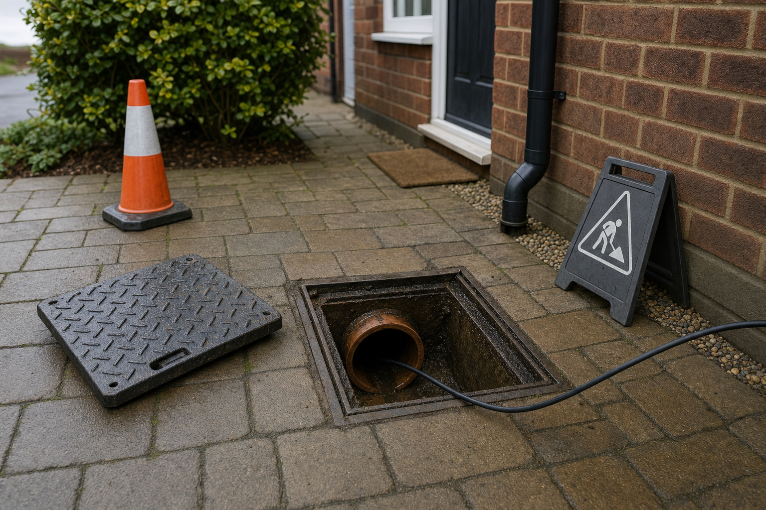 Open manhole with a cable, warning sign, and traffic cone nearby on a wet brick pathway outside a house.