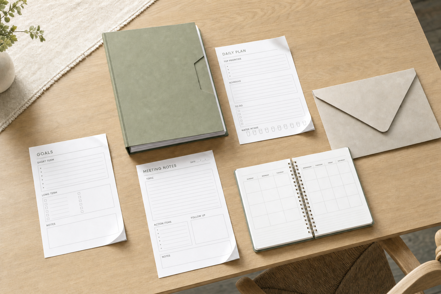 Organised workspace with a green planner, meeting and goals sheets, a notebook, and an envelope on a wooden desk.