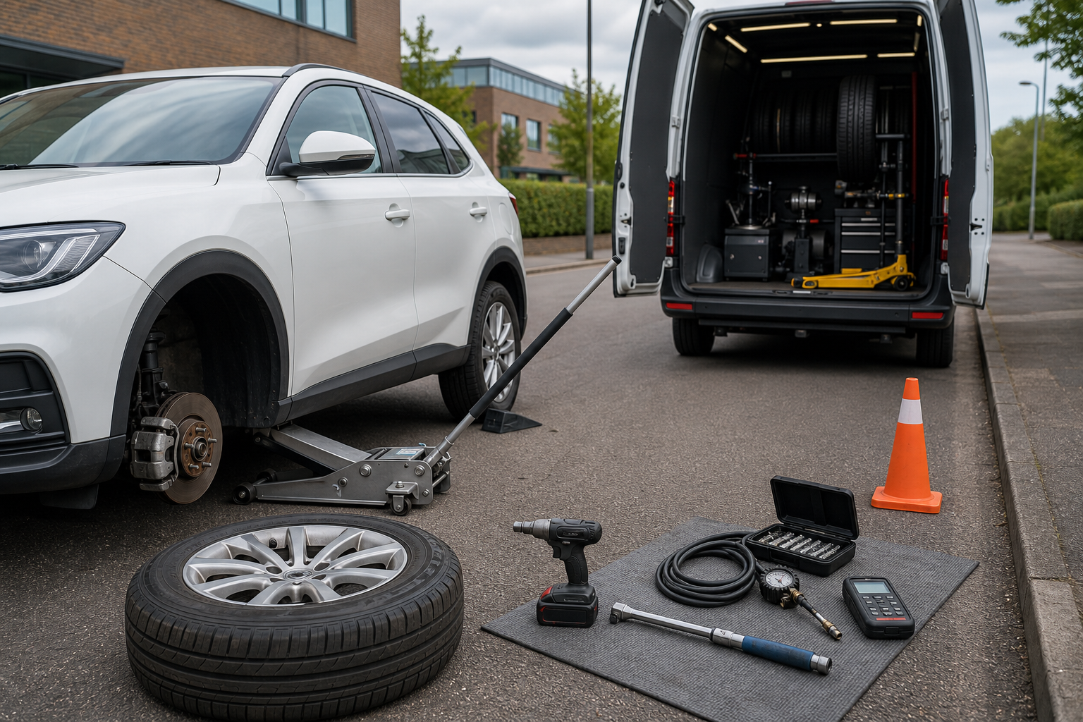 Car tire change in progress with tools laid out next to a van on a street.