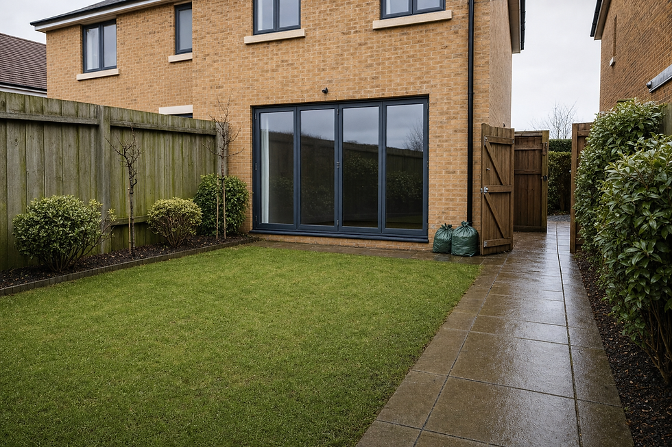 A small wet garden with a green lawn, bordered by shrubs, leading to the rear entrance of a modern brick house.