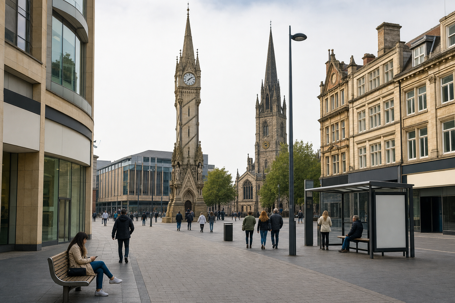A city square with a historic clock tower, people walking, and a woman sitting on a bench using her phone.