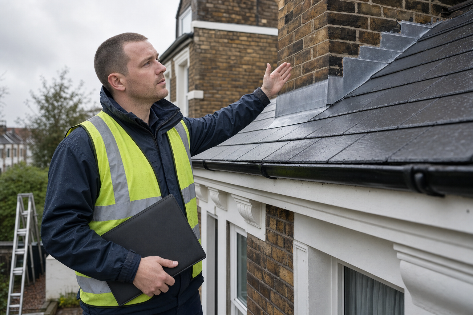 A surveyor in a high-visibility vest inspects a slate roof with a clipboard on a cloudy day.