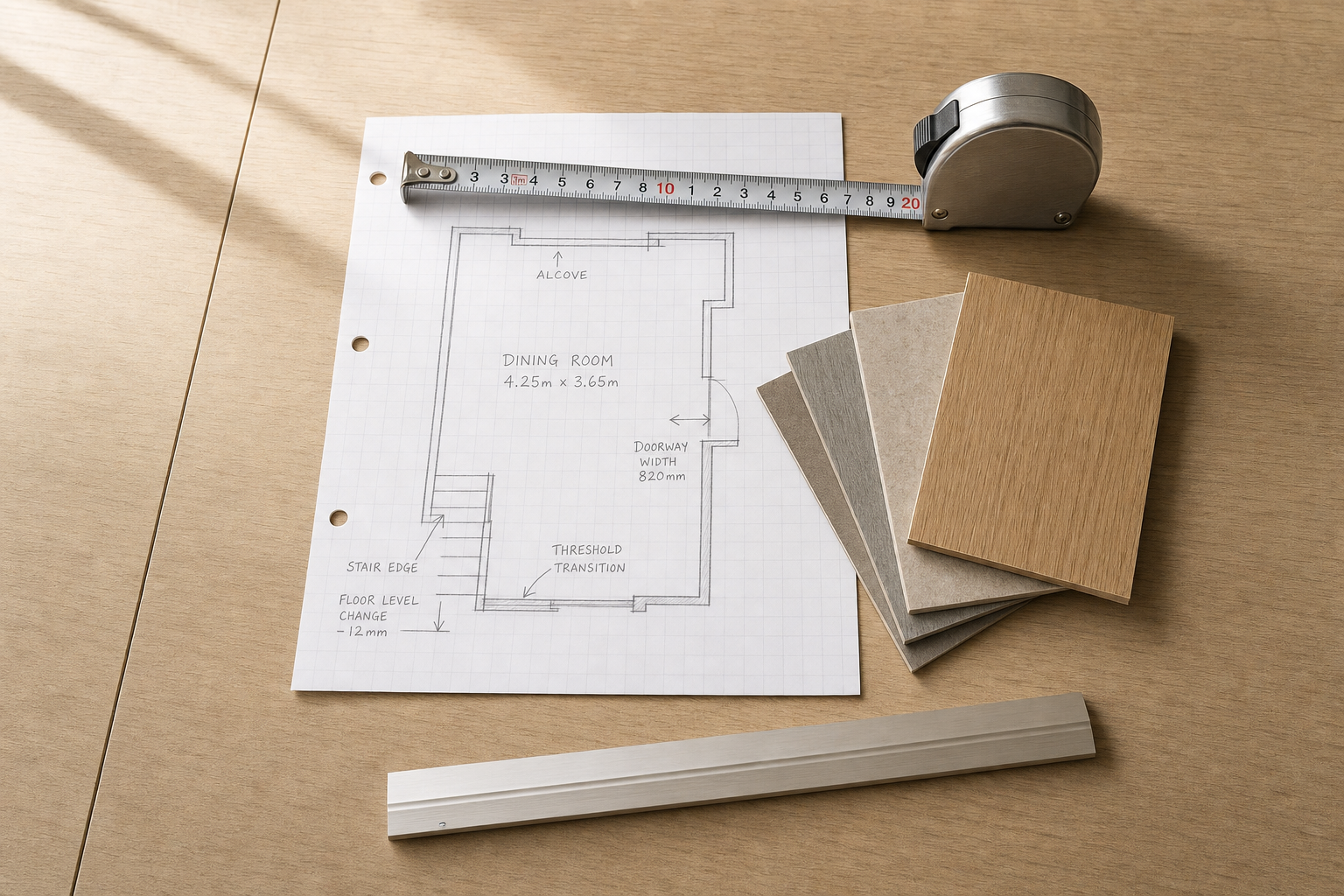 A floor plan sketch with measurements, a tape measure, and wooden laminate samples on a wooden table.