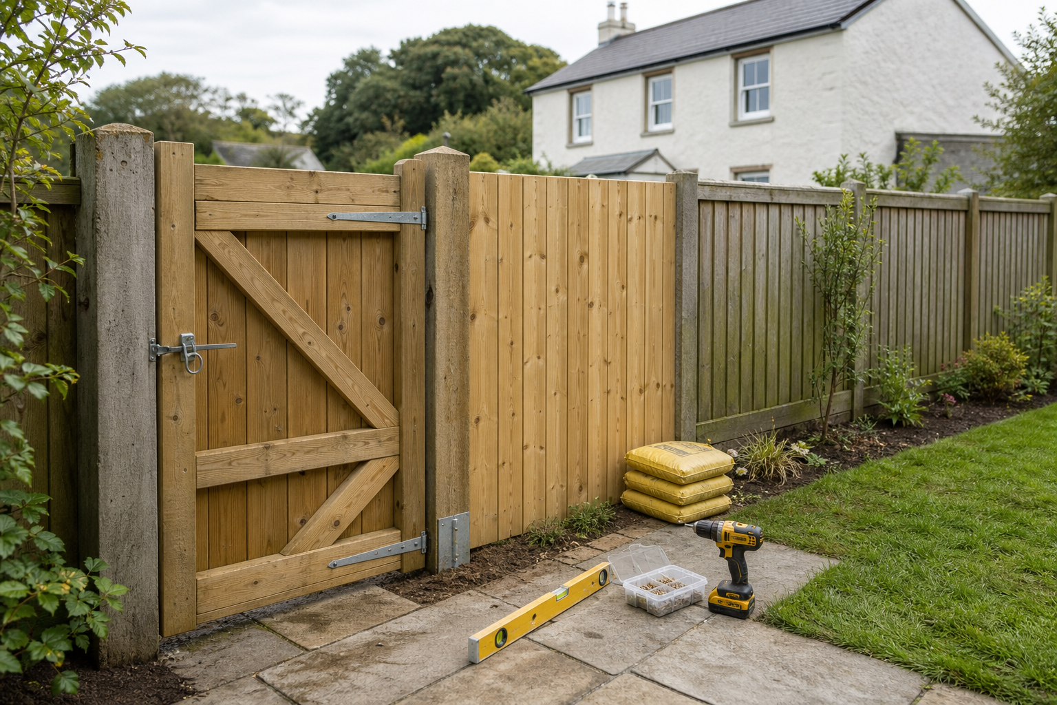 Wooden fence and gate in a garden with tools and bags of cement nearby.