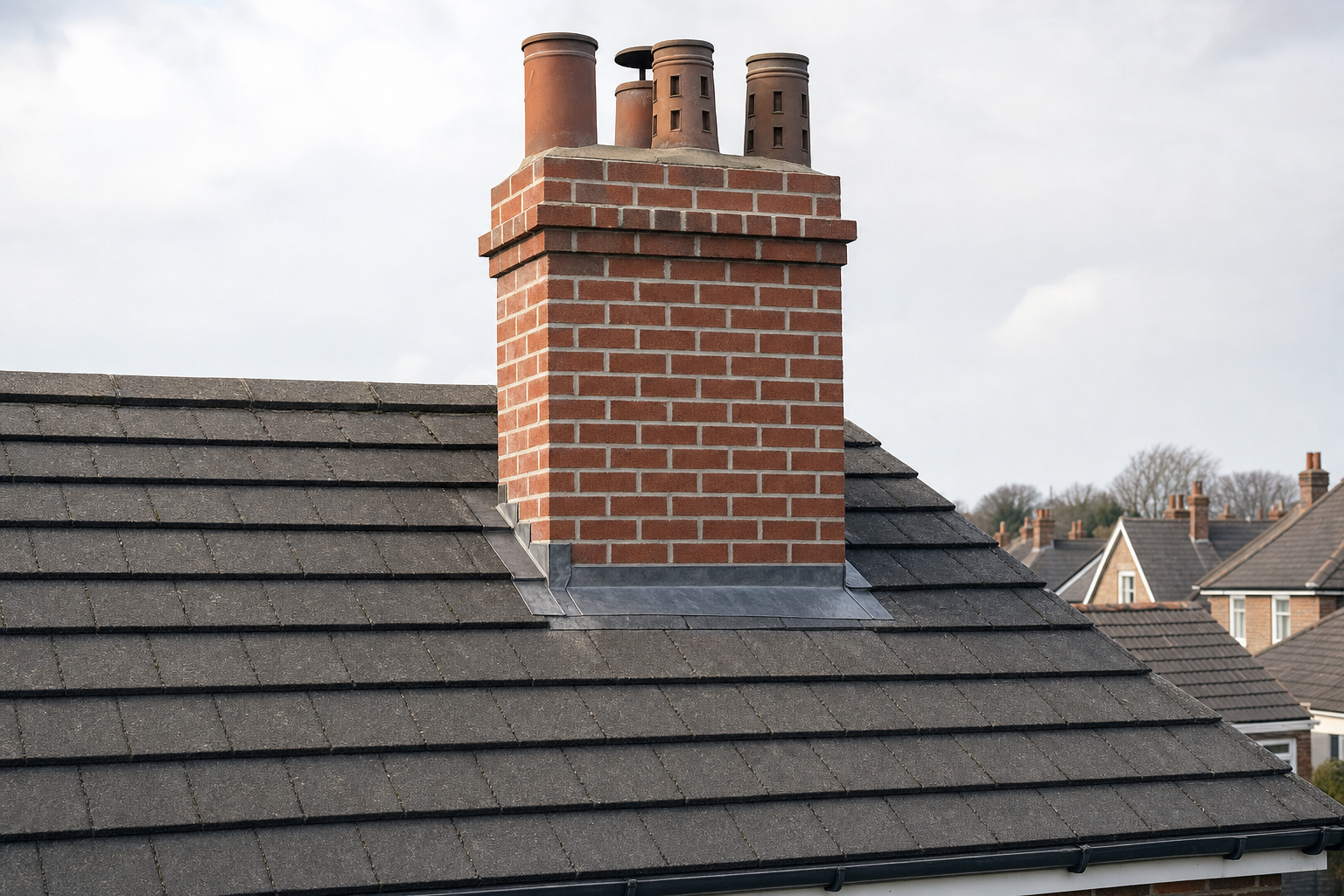 A red brick chimney with multiple pots on a tiled roof against a cloudy sky.