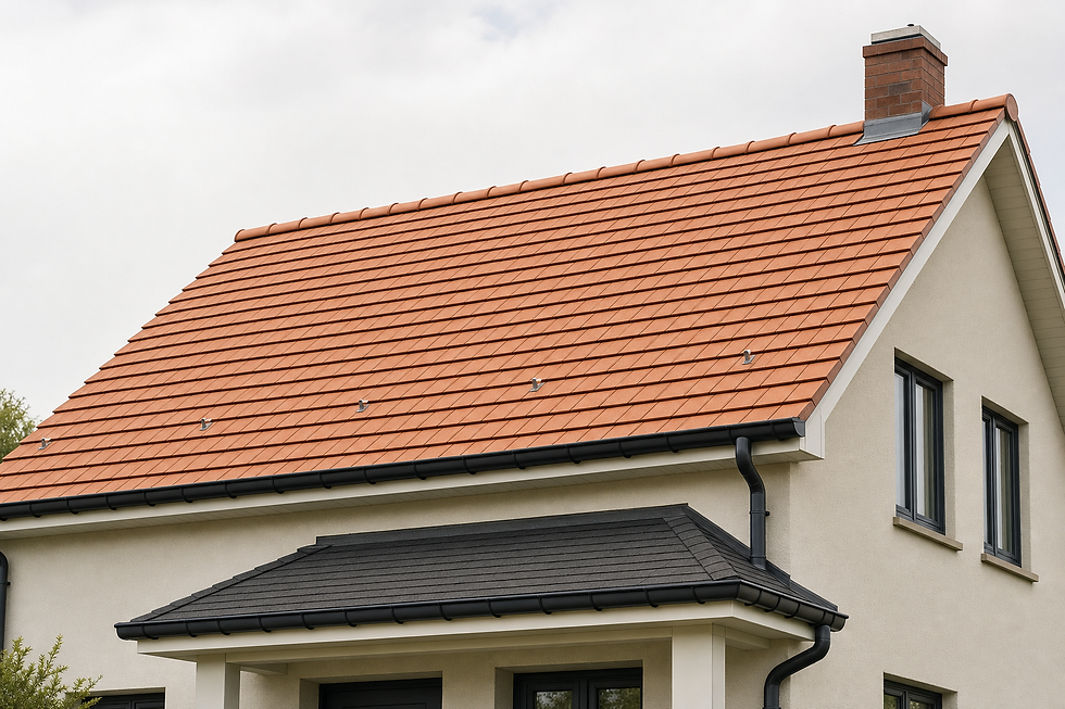 A house with a red tiled roof, light-coloured walls, and a brick chimney against a cloudy sky.