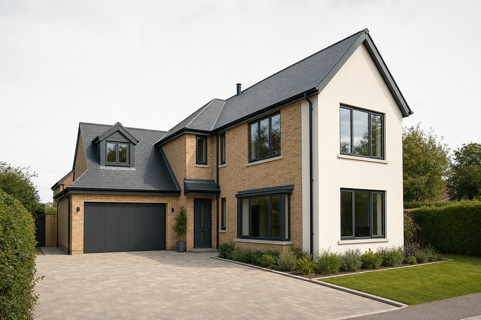 Modern two-storey detached house with a slate roof, garage, and landscaped front garden.