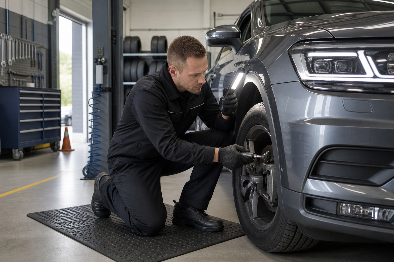 Mechanic kneeling to inspect a car's brake system in a garage.
