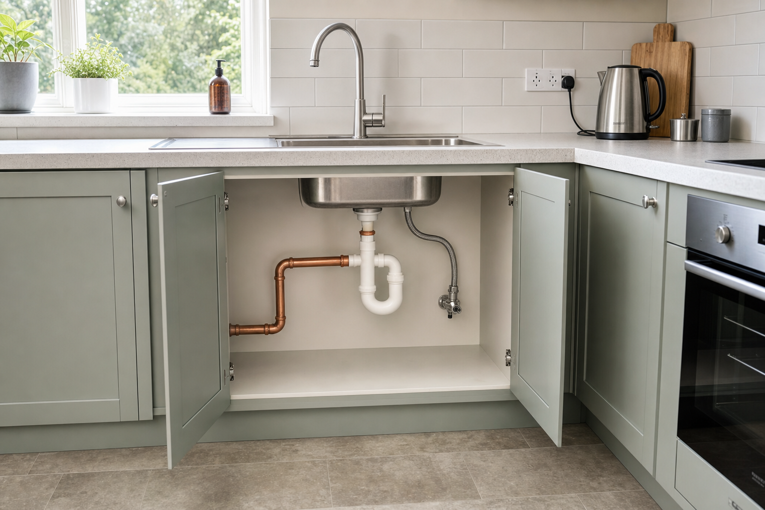 Modern kitchen sink with open cabinet revealing plumbing pipes underneath, featuring sleek grey cupboards and countertop appliances.
