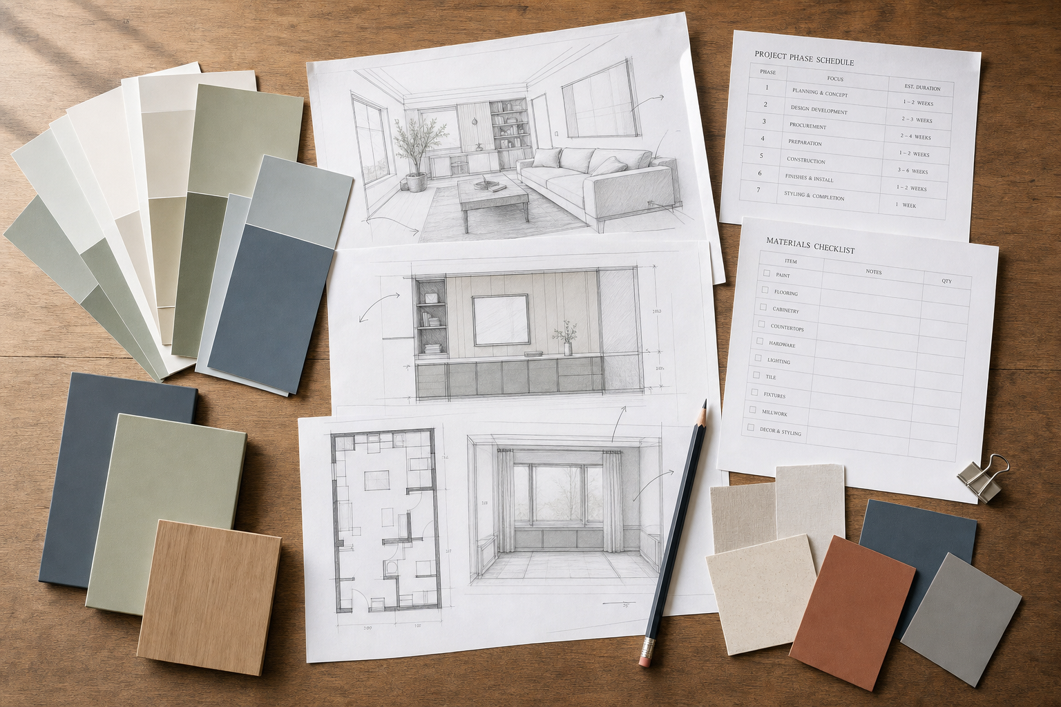 Architectural sketches and material samples on a table, accompanied by a pencil and project checklist.