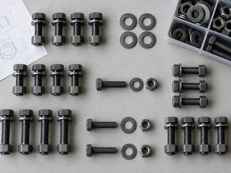 Steel bolts, nuts, and washers arranged on a table near a storage box and technical drawing.
