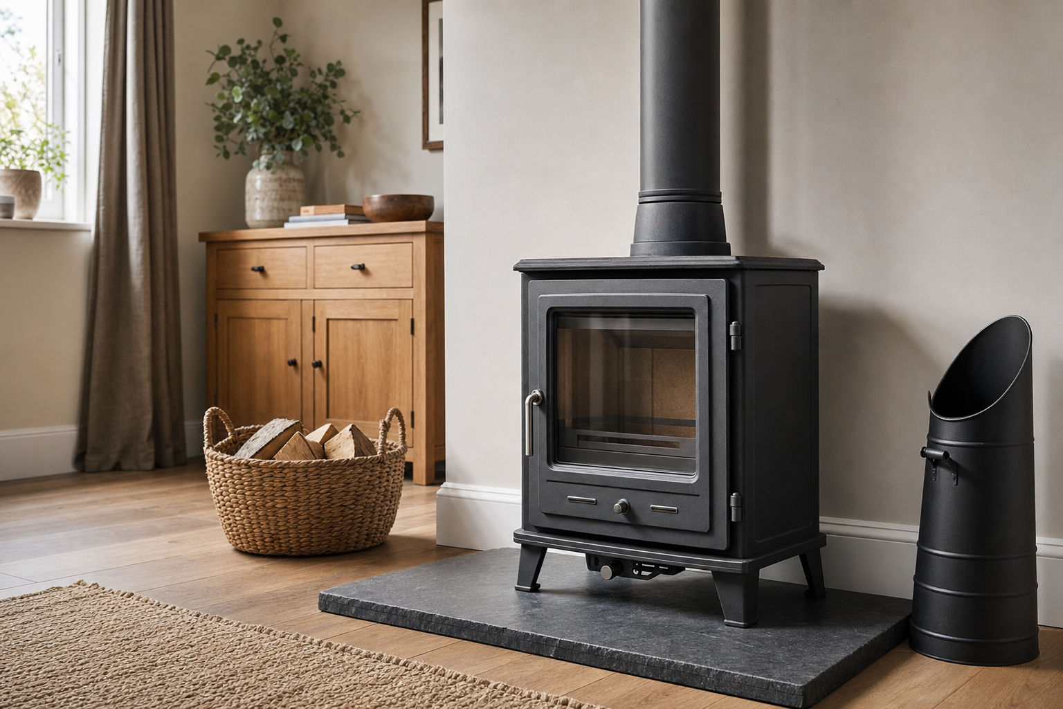 A cosy living room features a black wood-burning stove, wicker basket with logs, and a wooden sideboard with decorative vases.