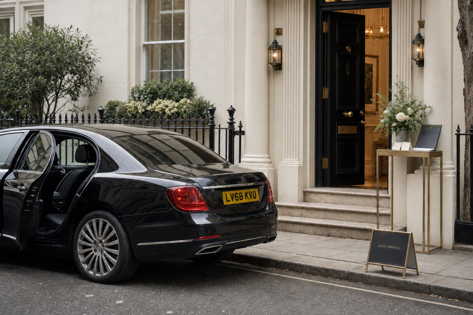 A black luxury car parked outside an elegant building with an open door and a "Safe Arrival" sign on the pavement.