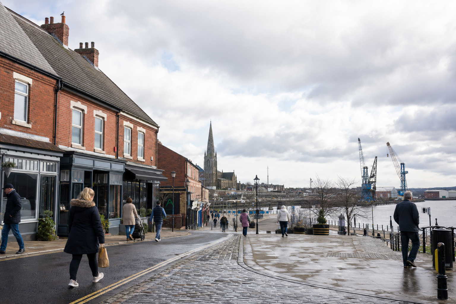 People walking along a cobbled street with a church spire and cranes in the background under a cloudy sky.