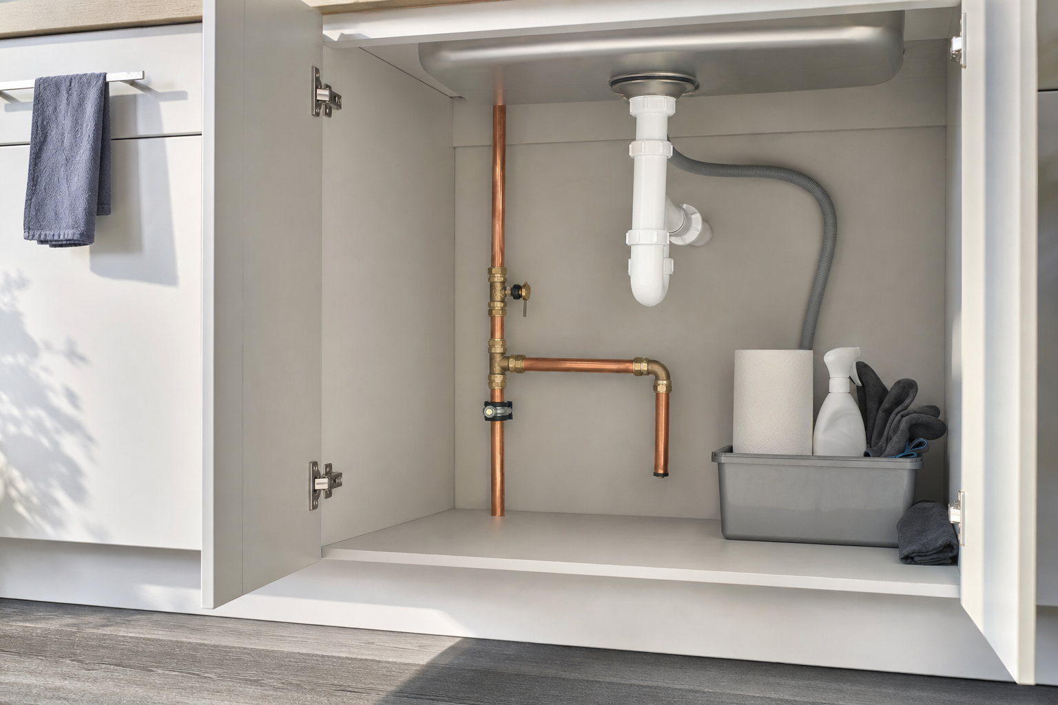 Under-sink cabinet with exposed copper pipes, a P-trap, and cleaning supplies neatly organised.