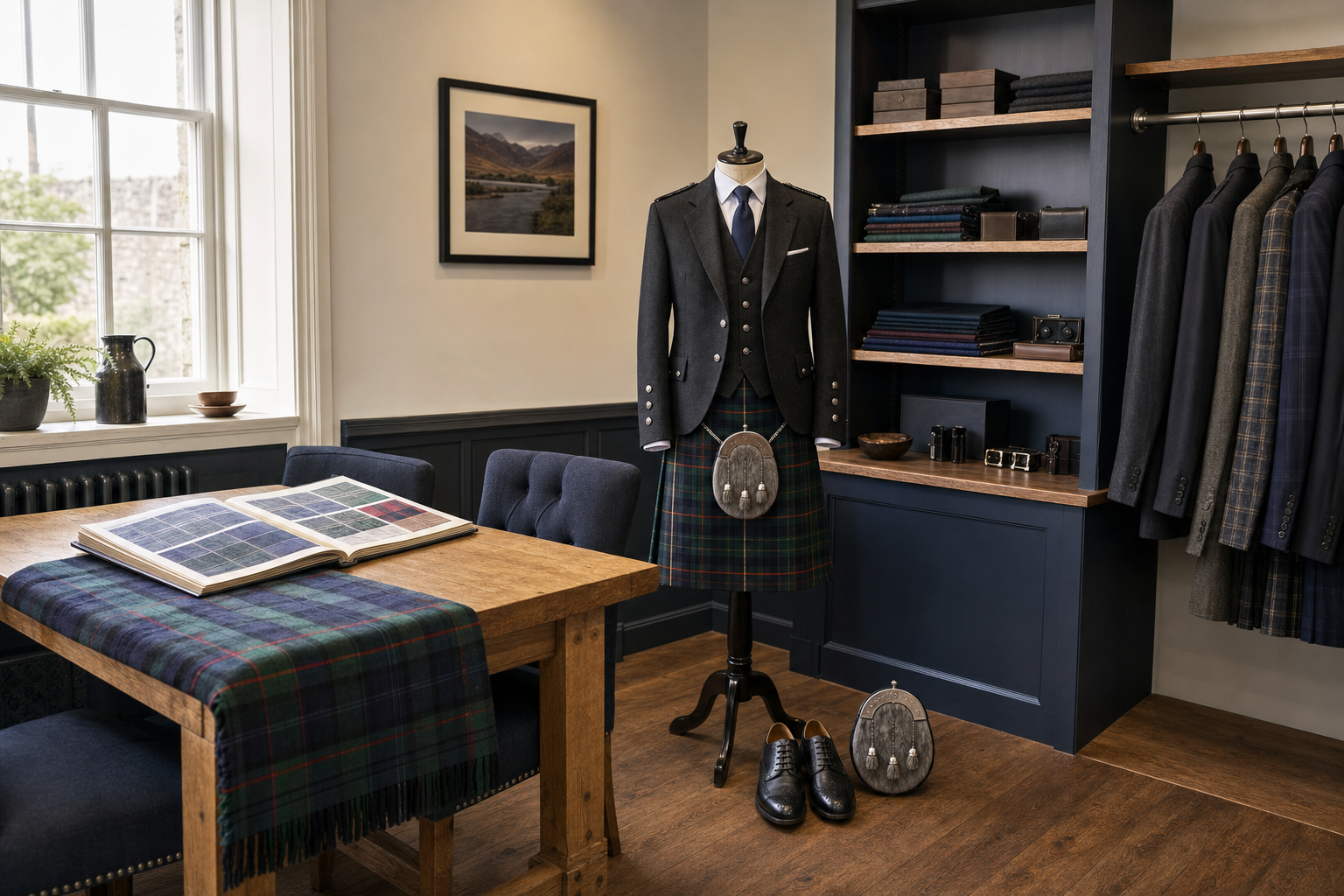 A traditional Scottish outfit, including a kilt and sporran, is displayed in an elegant tailor shop.