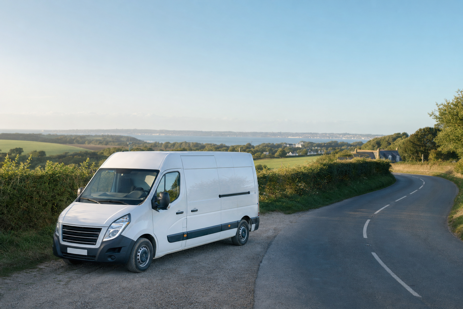 A white van parked on a rural road with a scenic countryside and coastal view in the background.
