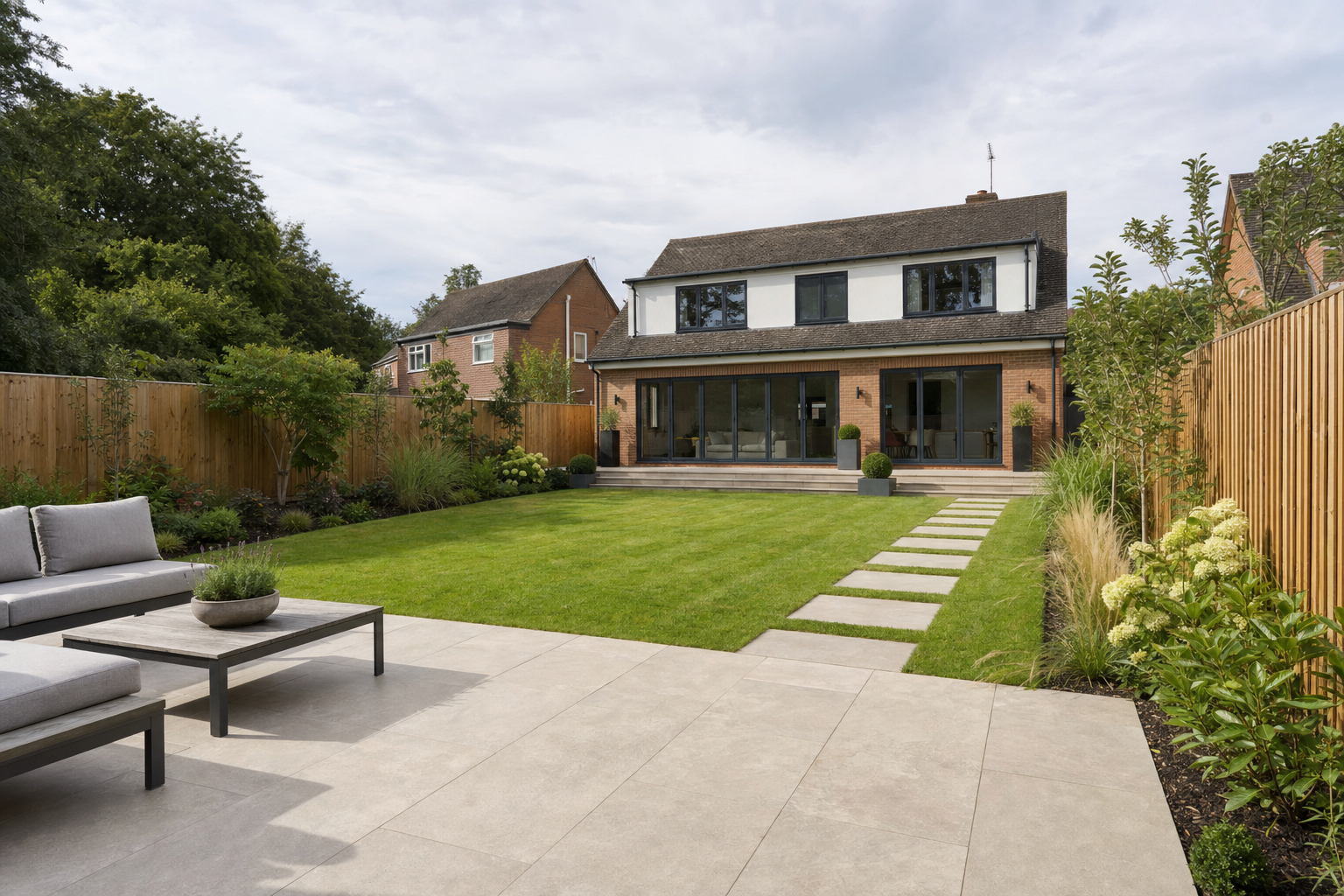 Modern detached house with a spacious garden, stone patio, and outdoor seating area.