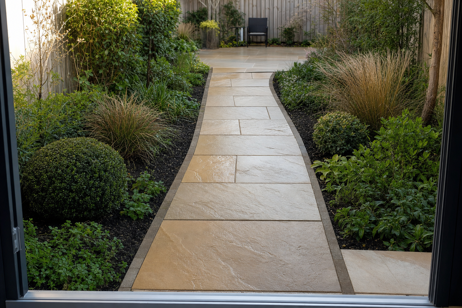 A paved garden path lined with neatly trimmed bushes and plants leads to a solitary chair.