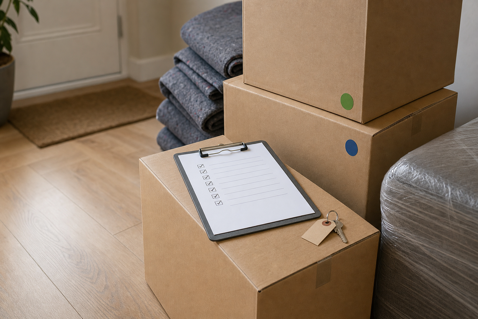Moving boxes stacked with a clipboard checklist and keys on top, near a doorway.