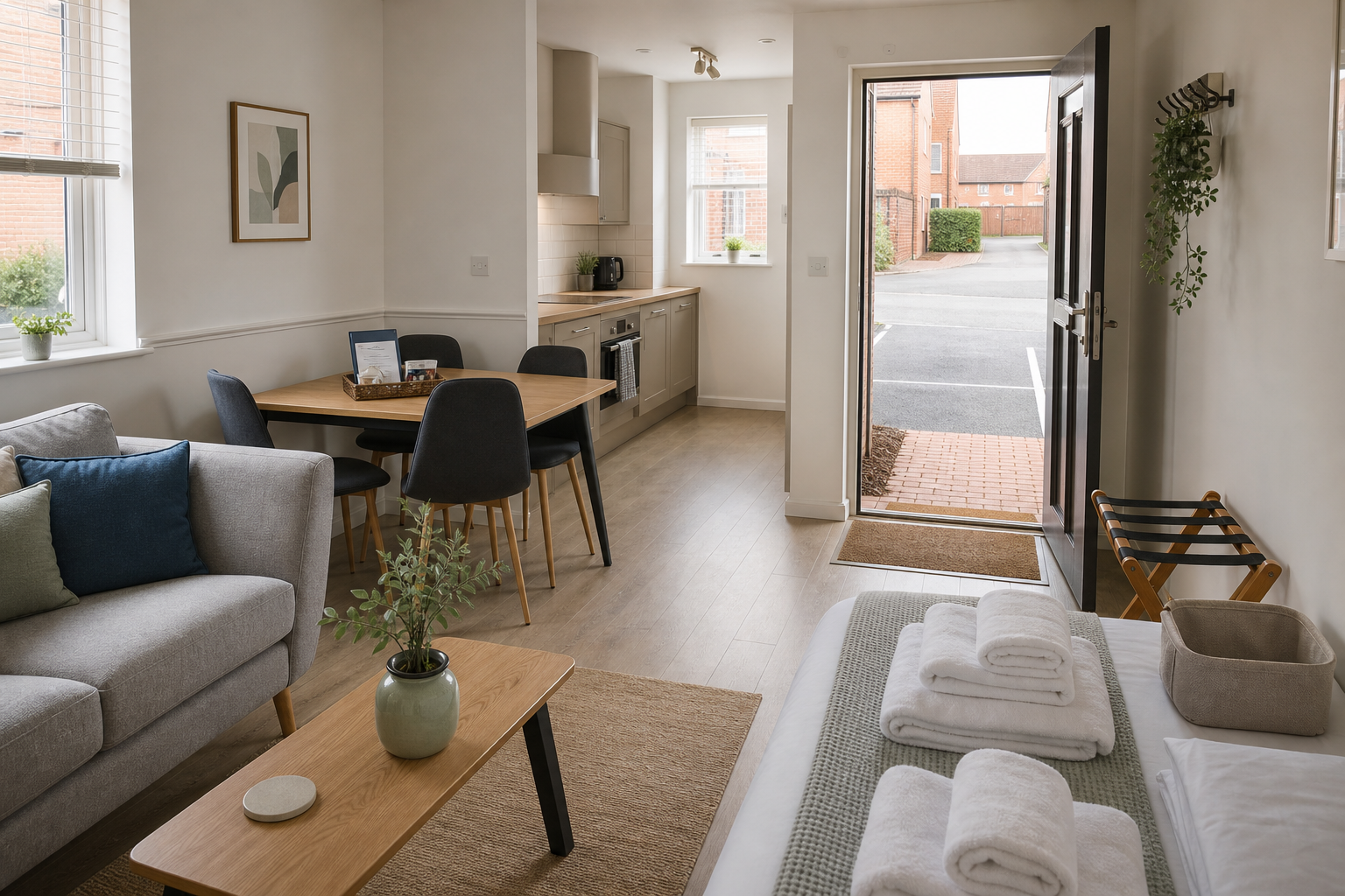 Modern open-plan flat with living area, kitchen, dining table, and open front door leading to a quiet street.