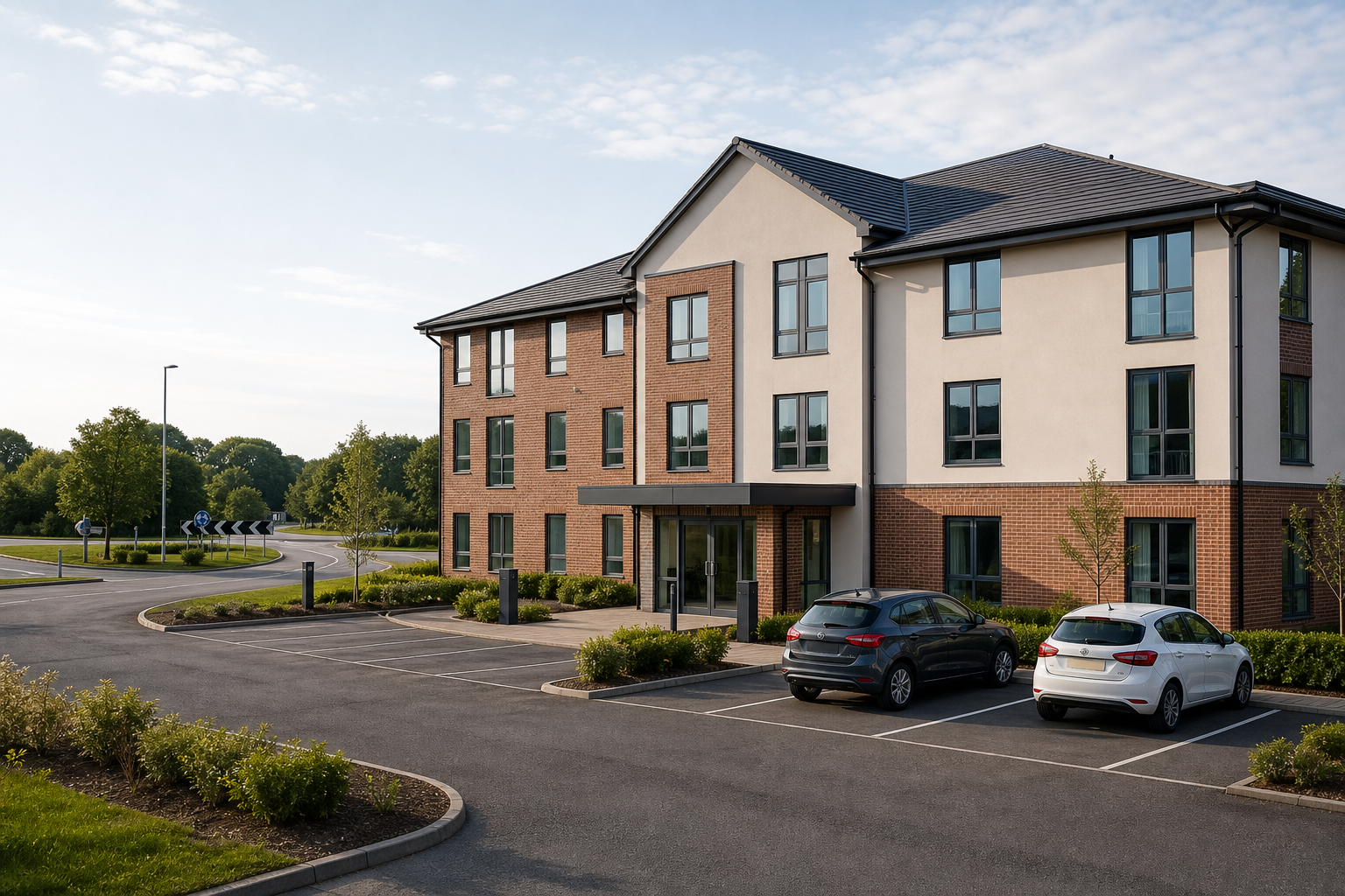 Modern brick building with a car park in front, surrounded by greenery on a clear day.
