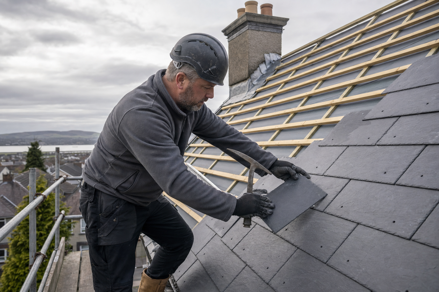 A construction worker wearing a hard hat and gloves installs slate tiles on a rooftop.