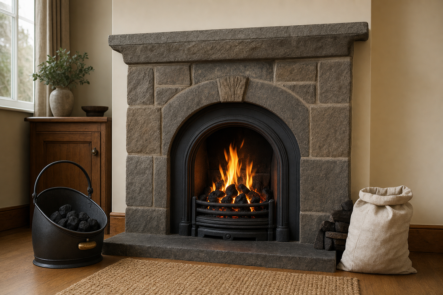 A cosy stone fireplace with a roaring fire, a coal bucket, and a sack of logs beside it.