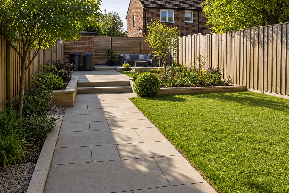 Modern garden with a paved walkway, neatly trimmed lawn, and a seating area surrounded by wooden fencing.