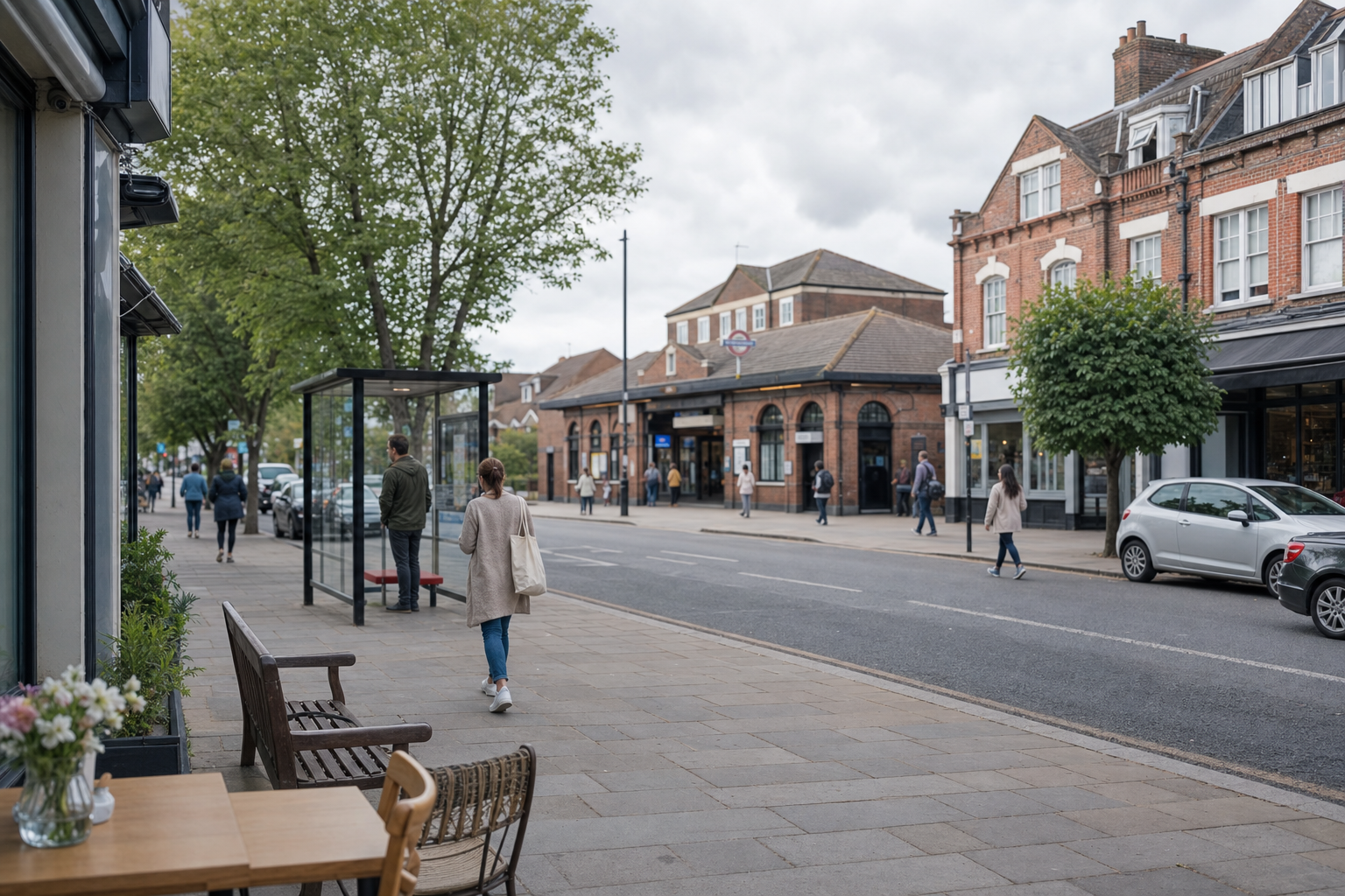 A quiet street scene outside a brick-built tube station with people walking and cars parked.