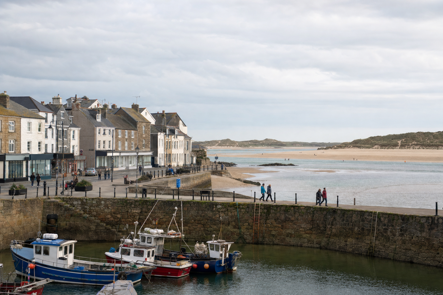 A quaint coastal town with colourful fishing boats docked and people strolling along the waterfront promenade.