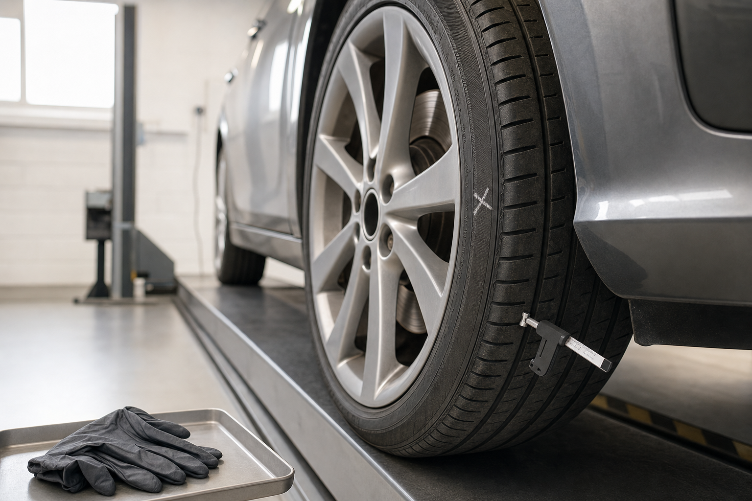 A car tyre being inspected on a lift, with a gauge in the tread and gloves on a metal tray nearby.