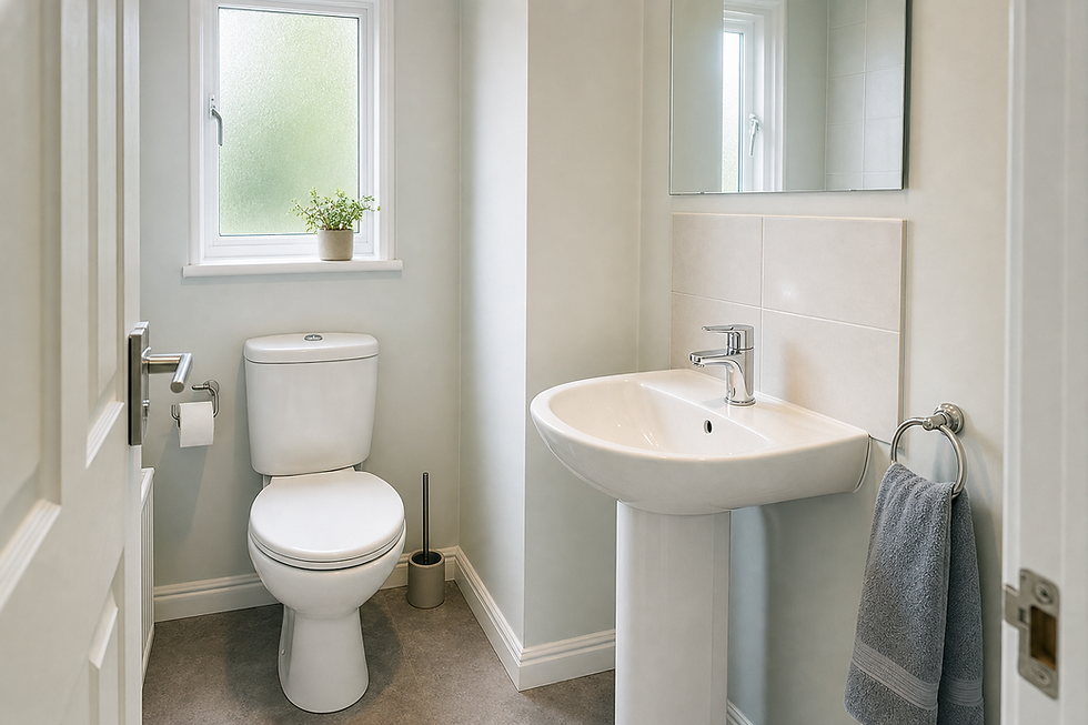 Modern bathroom with a white toilet, pedestal sink, and a small window with a potted plant.