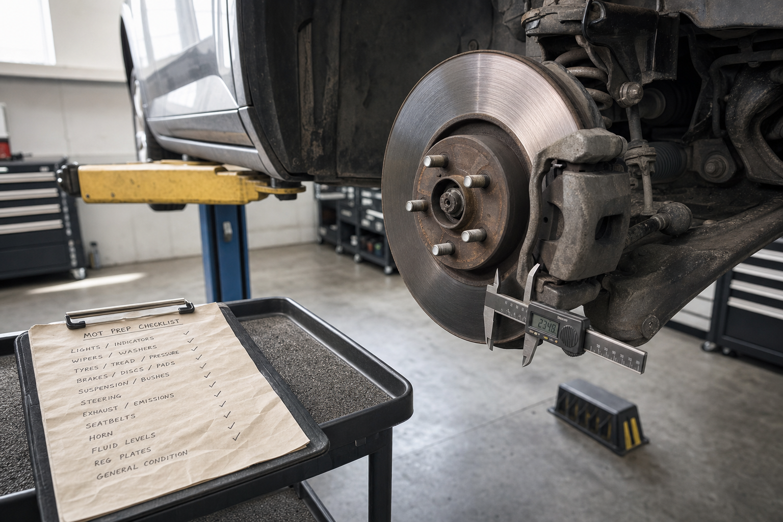 Mechanic's workshop with a car on a lift, brake disc measurement, and MOT checklist on a clipboard.