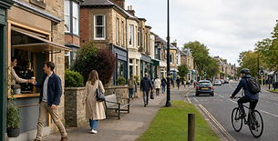 A man receives a coffee from a café window in a bustling street with people walking and a cyclist passing by.