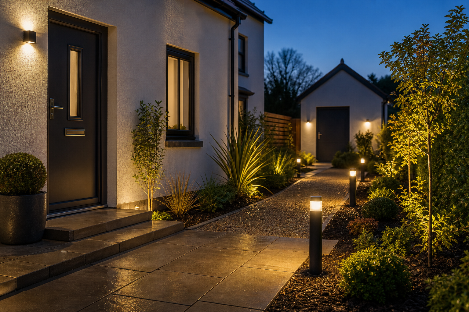 Modern home entryway illuminated by pathway lights at dusk.