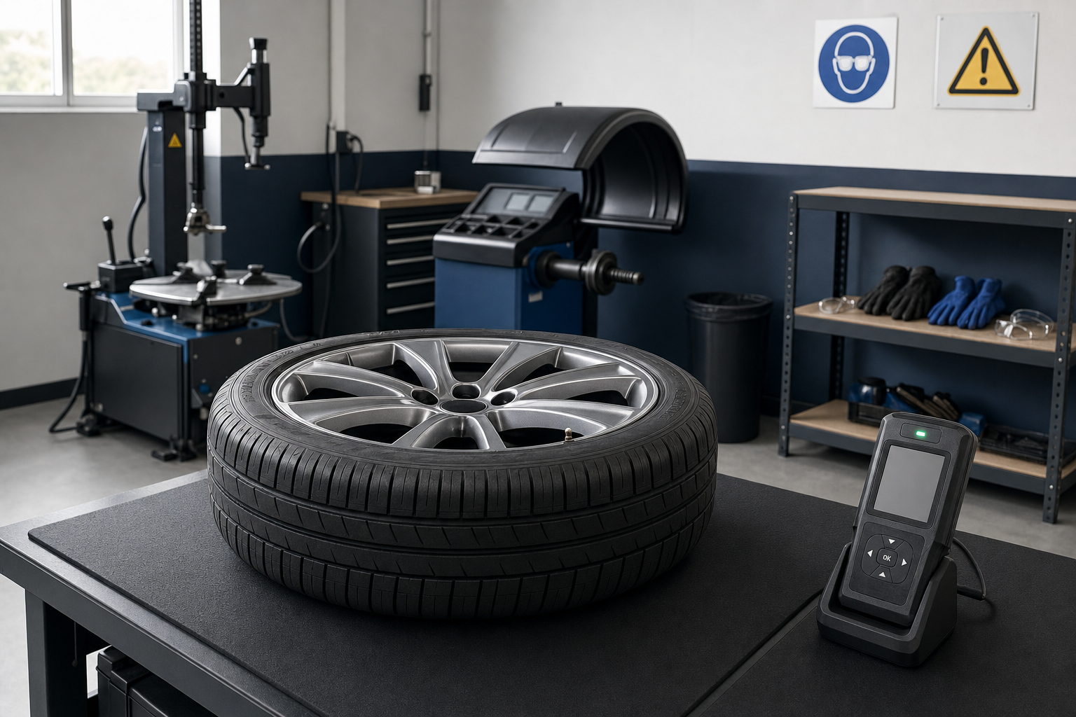 A car tyre placed on a workbench in a garage workshop with equipment and safety gear visible.
