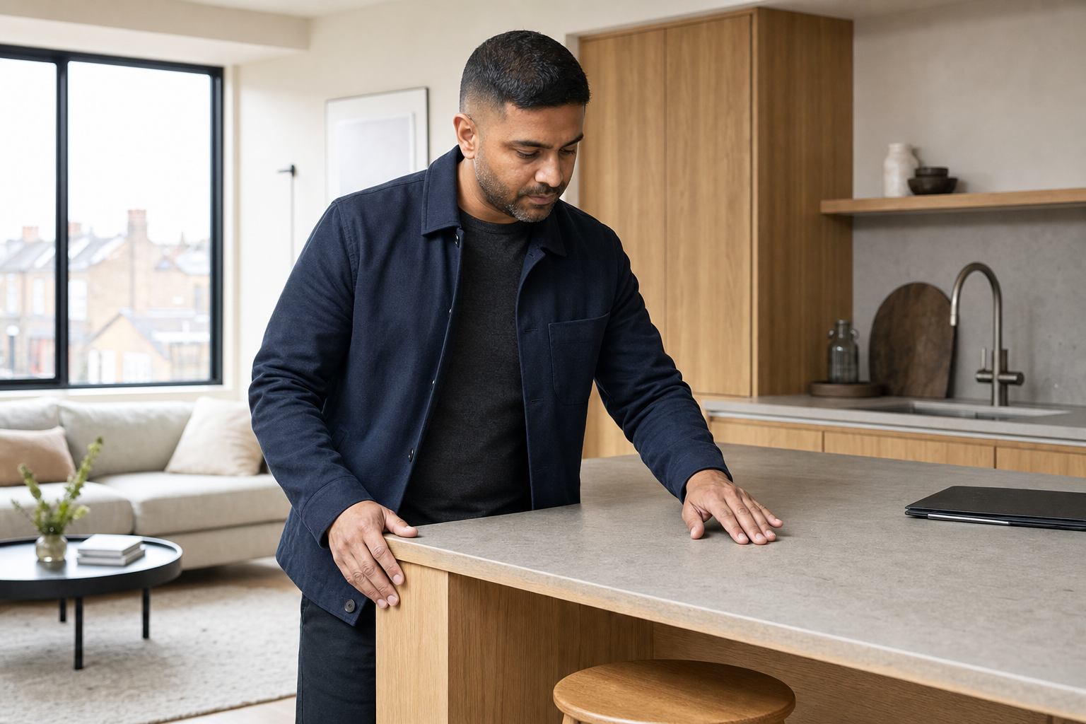 A man examines a countertop in a modern, light-filled kitchen with wooden cabinetry and a view of surrounding buildings.