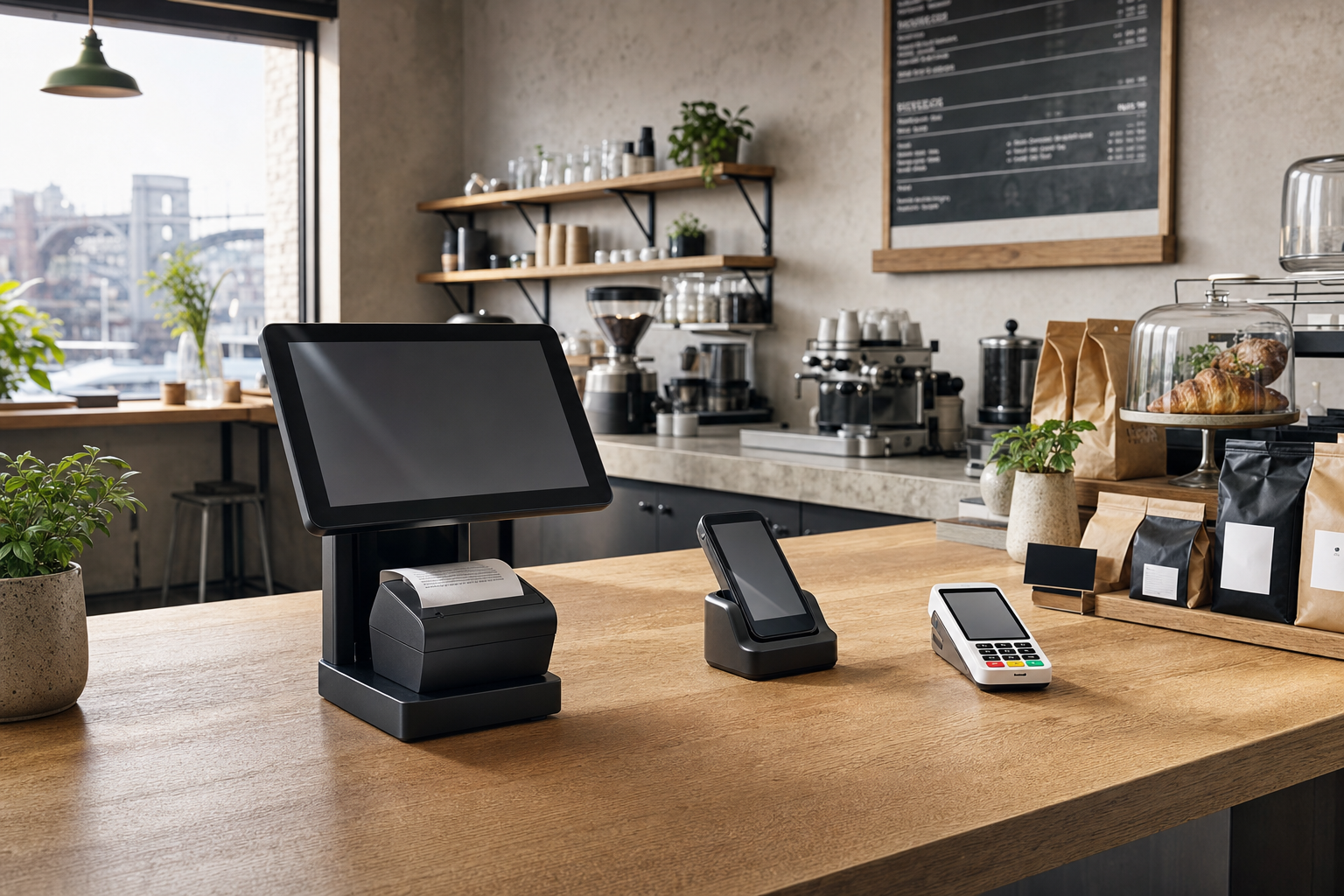 A modern café counter with a digital payment system, plants, pastries, and a view of a bridge outside the window.