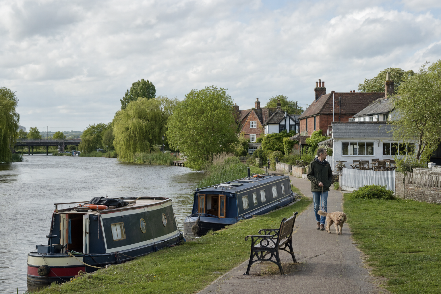 Canal boats moored along a scenic riverside path with a person walking a dog near charming cottages.