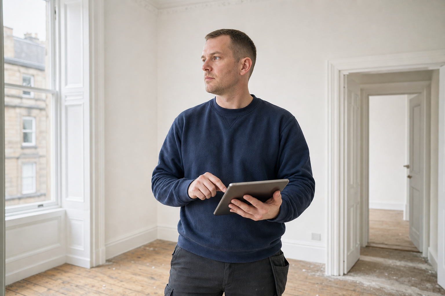 A man in a blue jumper uses a tablet while standing in an empty, well-lit room with wooden floors.