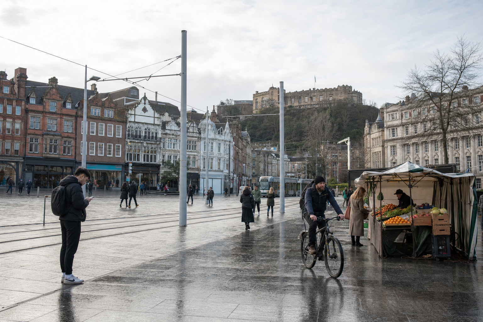 A bustling city square with historic buildings, a cyclist, and a market stall surrounded by pedestrians.