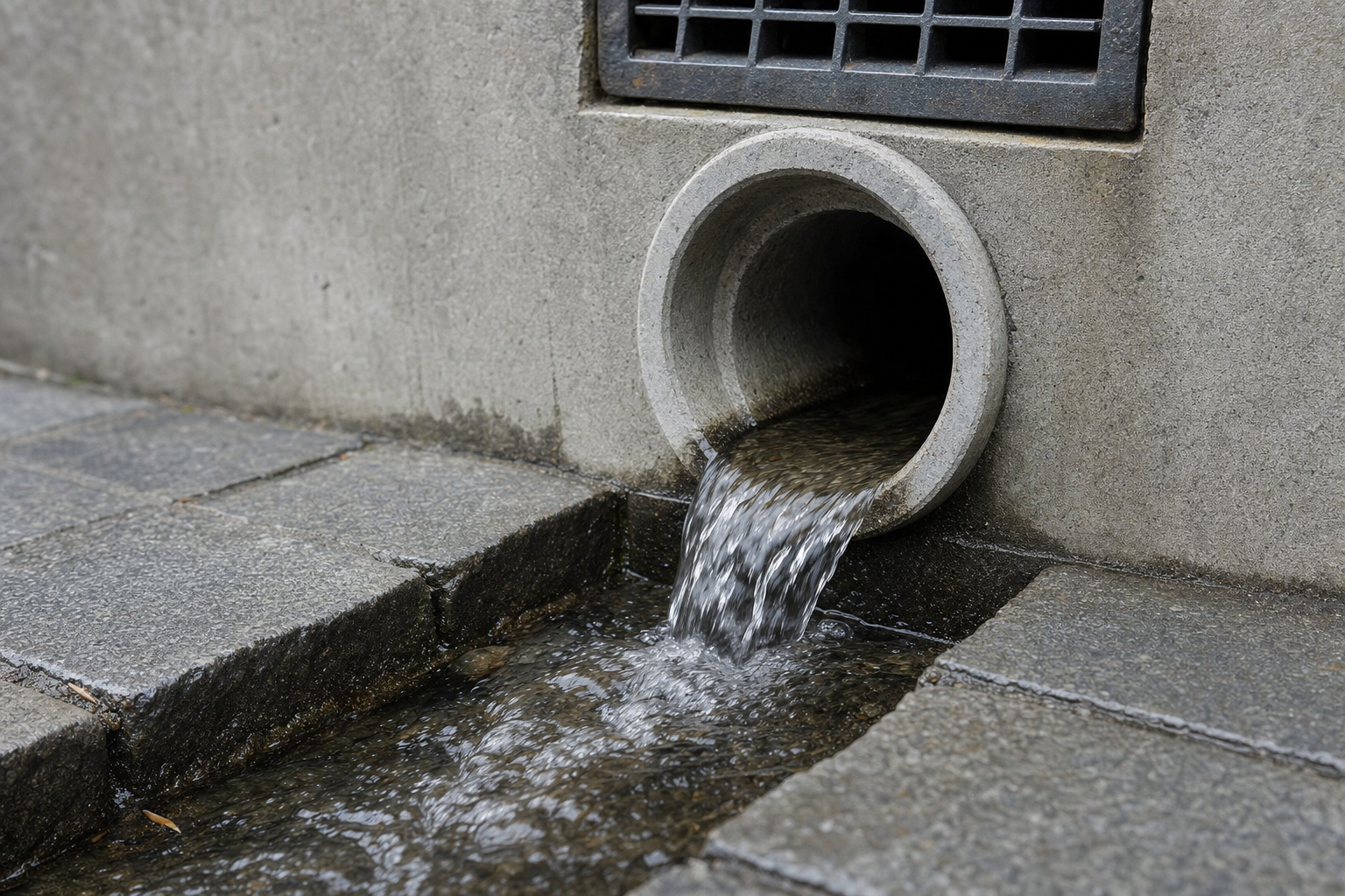 Water flowing from a concrete pipe in a paved area.