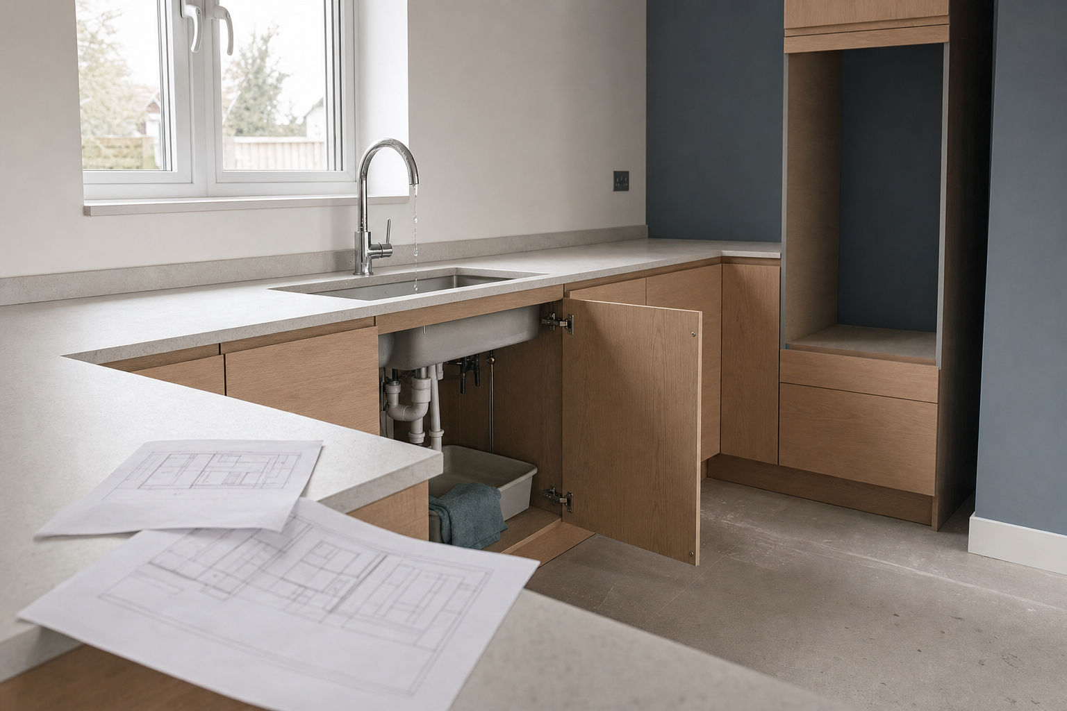 Modern kitchen interior with wooden cabinets, open door under the sink, and architectural plans on the counter.