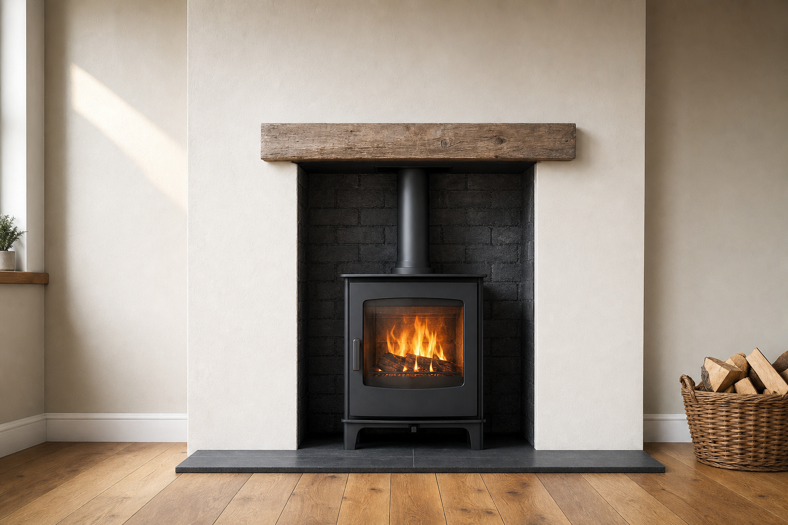 Modern wood-burning stove with a fire lit, set against a brick backdrop in a cosy room with wooden flooring and a basket of logs.