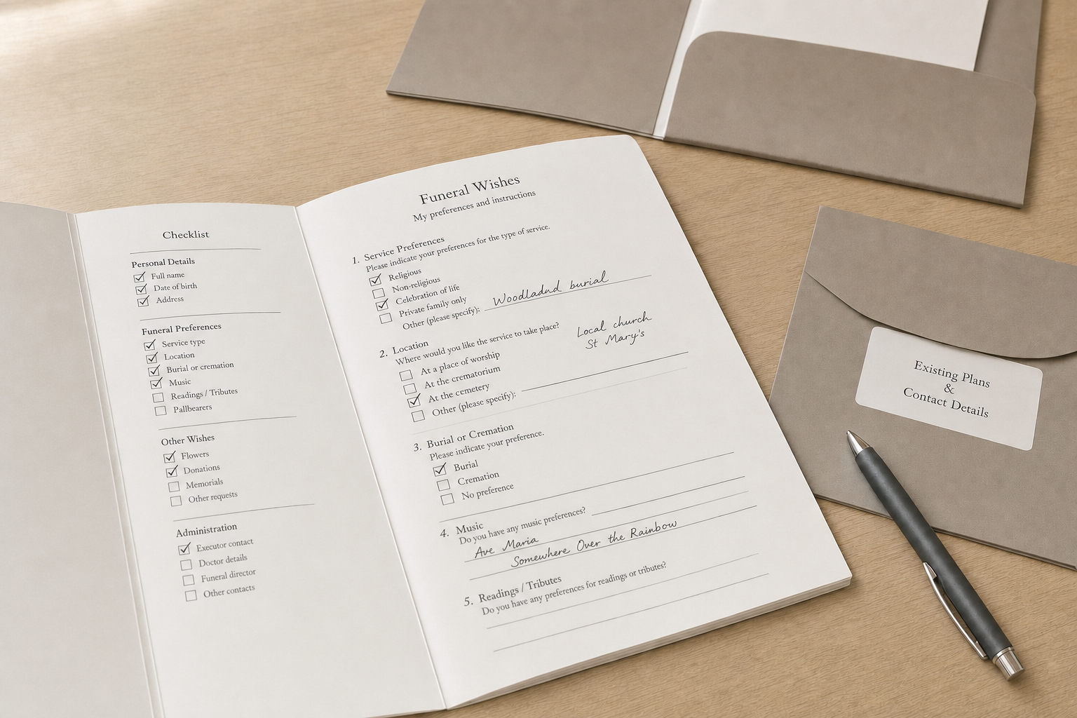 Open funeral planning booklet with handwritten notes on a wooden table next to a pen and envelopes.