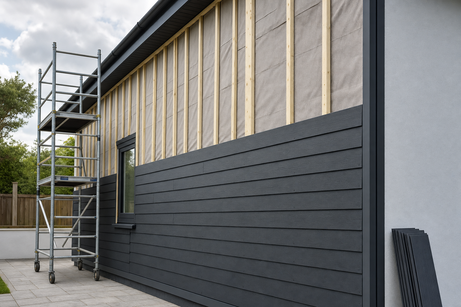 Outdoor wall cladding installation in progress with scaffolding under cloudy sky.