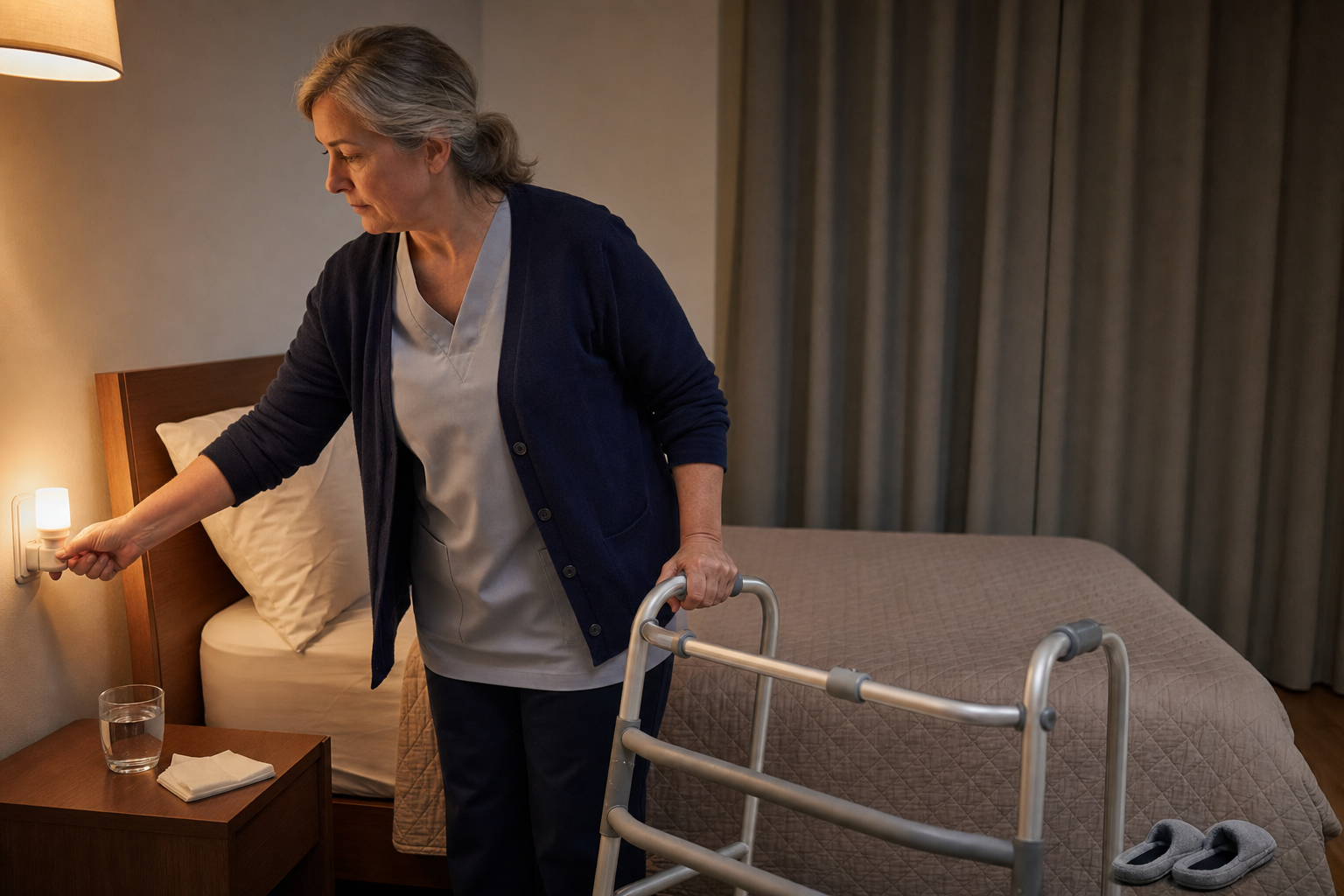 An older woman uses a walker while adjusting a night light in a dimly lit bedroom.