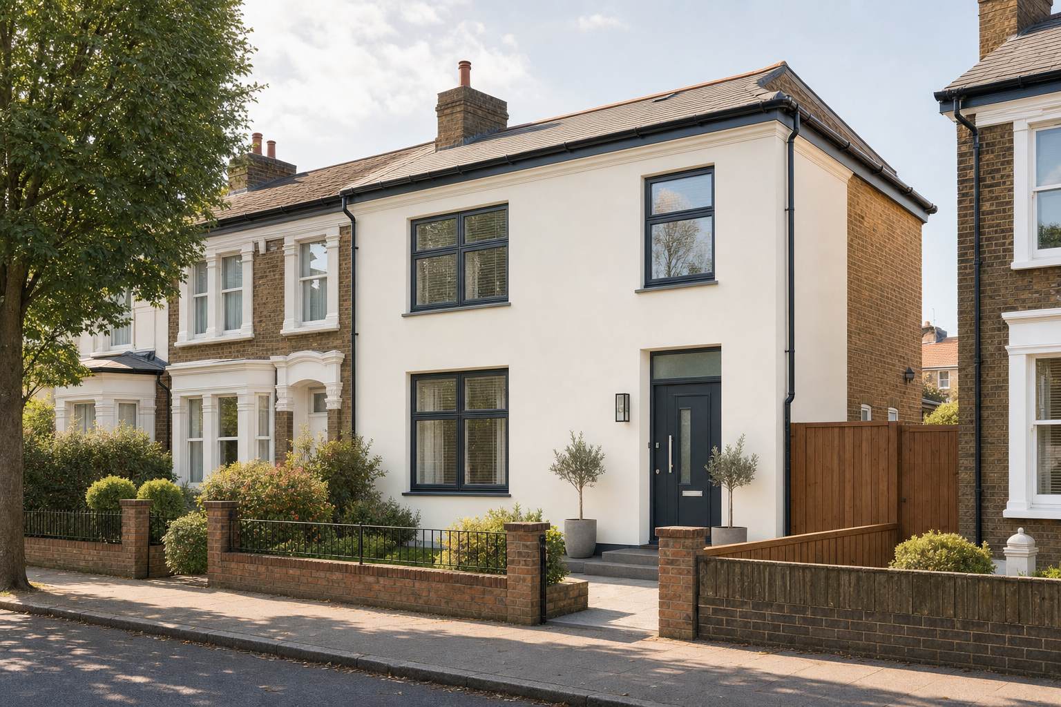 Modern semi-detached house with a white facade and a tidy front garden, situated on a quiet residential street.
